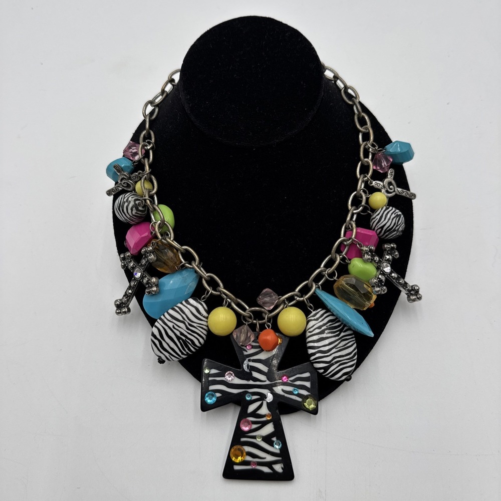 Da Vinci Chunky Cross Zebra Print Multicolor Woman's Necklace Western Cowgirl